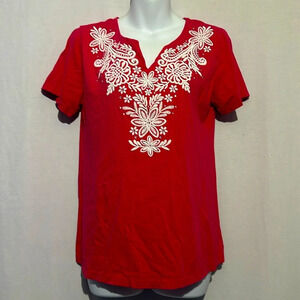 Red Embroidered Tunic Top | White Floral Detail | Medium